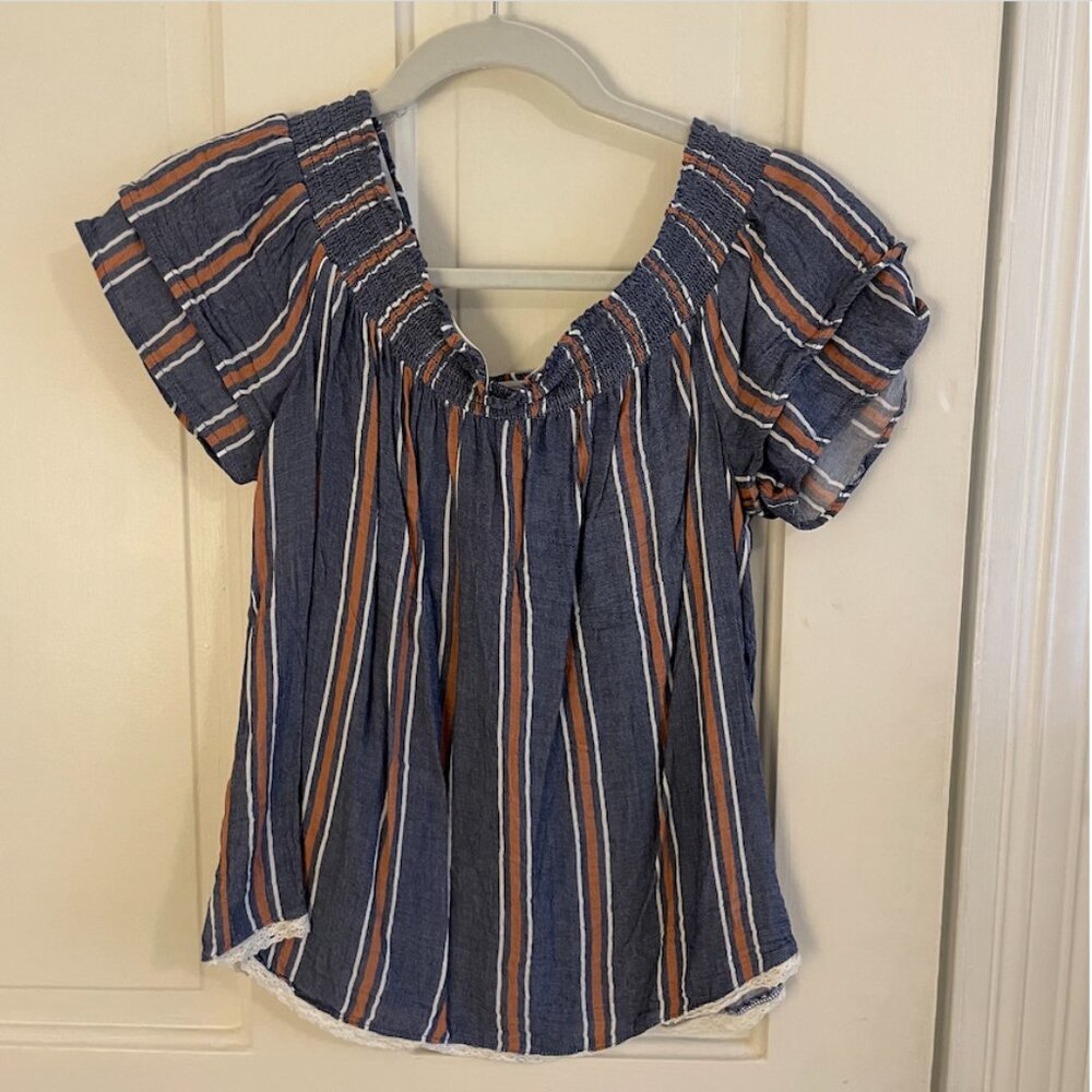 Xhilaration Blue Striped Smocked Off Shoulder Top Medium